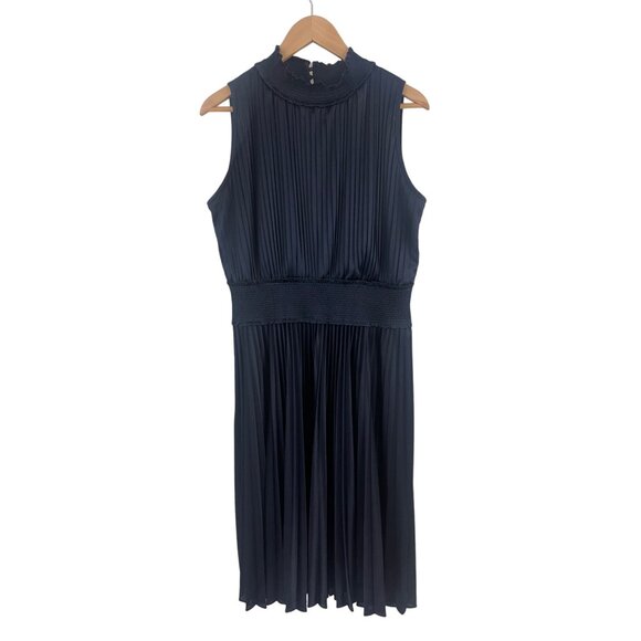 Size 14 NAVY BLUE SHINY SMOCKED HIGH‎ NECK PLEATED MIDI DRESS Special Occasion - Picture 2 of 6
